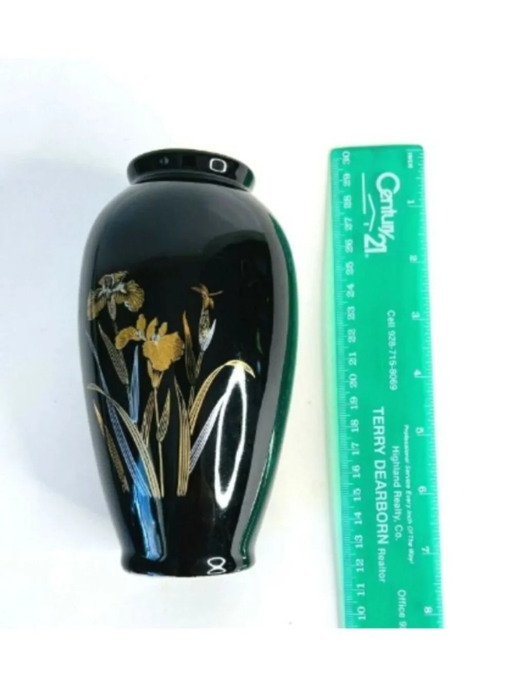 Vintage Japanese Bigei Toki Black Porcelain Bud Vase Gold Silver Floral Iris 6